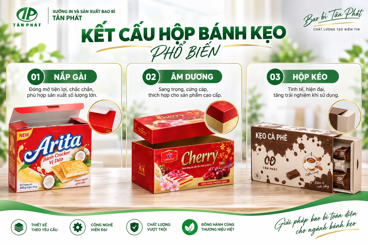 Các kết cấu hộp bánh kẹo nắp gài, âm dương và hộp kéo