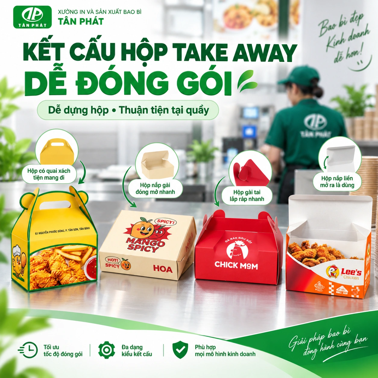 Kết cấu hộp take away dễ đóng gói và tiện lợi khi sử dụng
