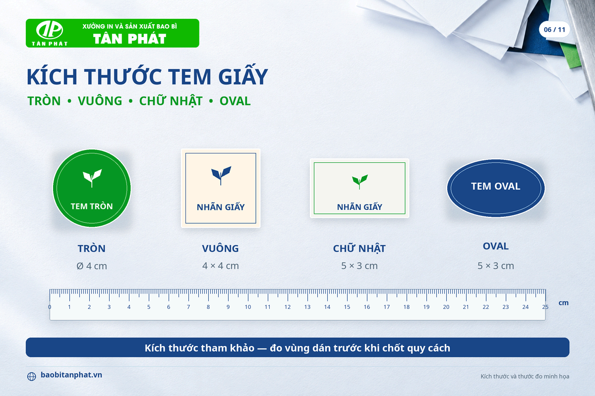 Các mẫu tem giấy tròn vuông chữ nhật và oval đặt cạnh thước đo