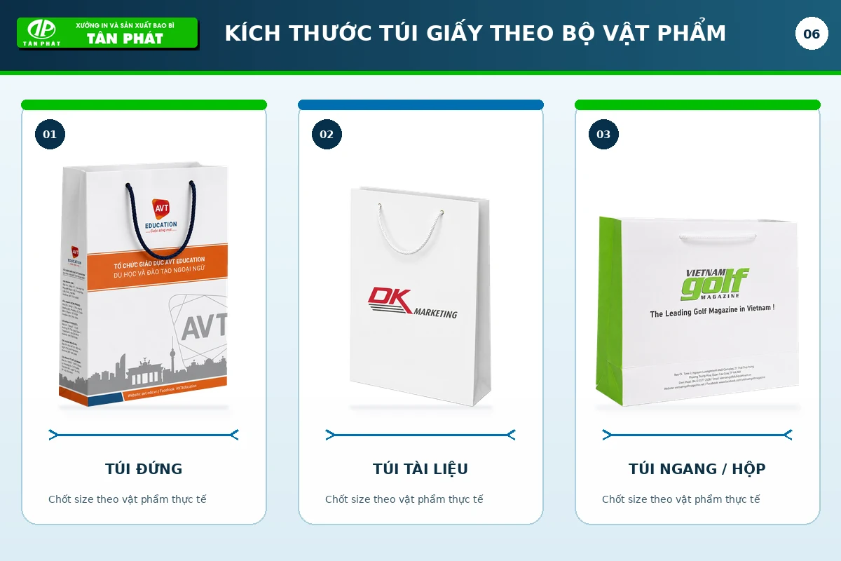 Kích thước túi giấy sự kiện theo bộ tài liệu và vật phẩm thực tế