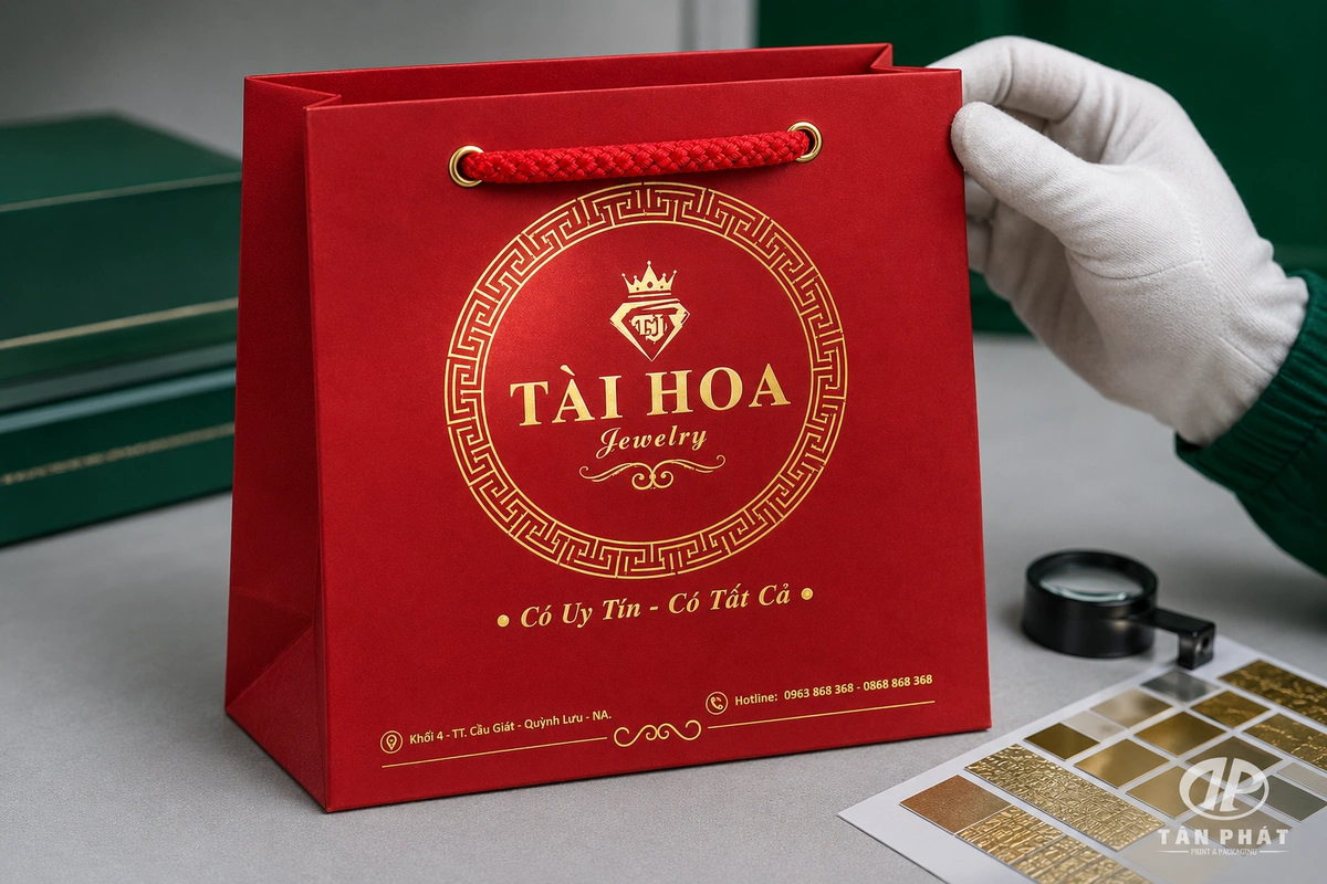Logo ép kim chọn lọc trên túi giấy đựng trang sức cao cấp