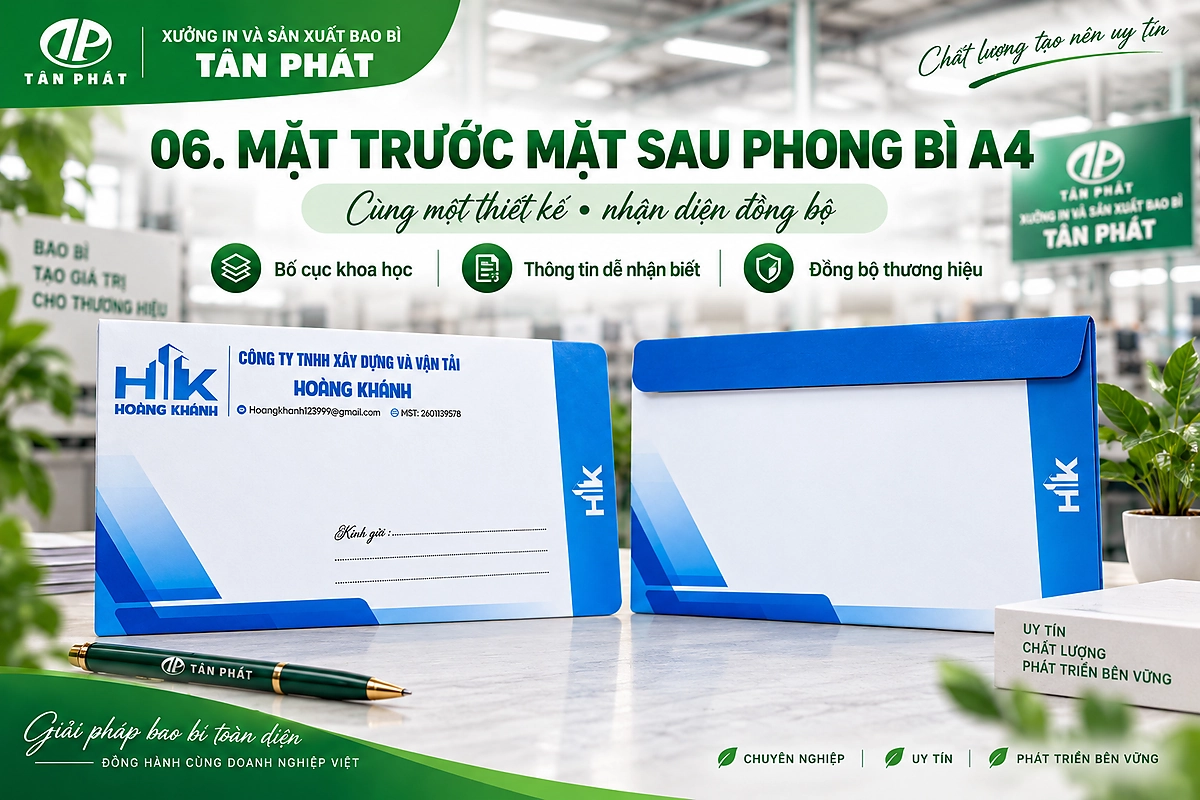 Mặt trước và mặt sau cùng một mẫu phong bì A4 với nhận diện đồng bộ