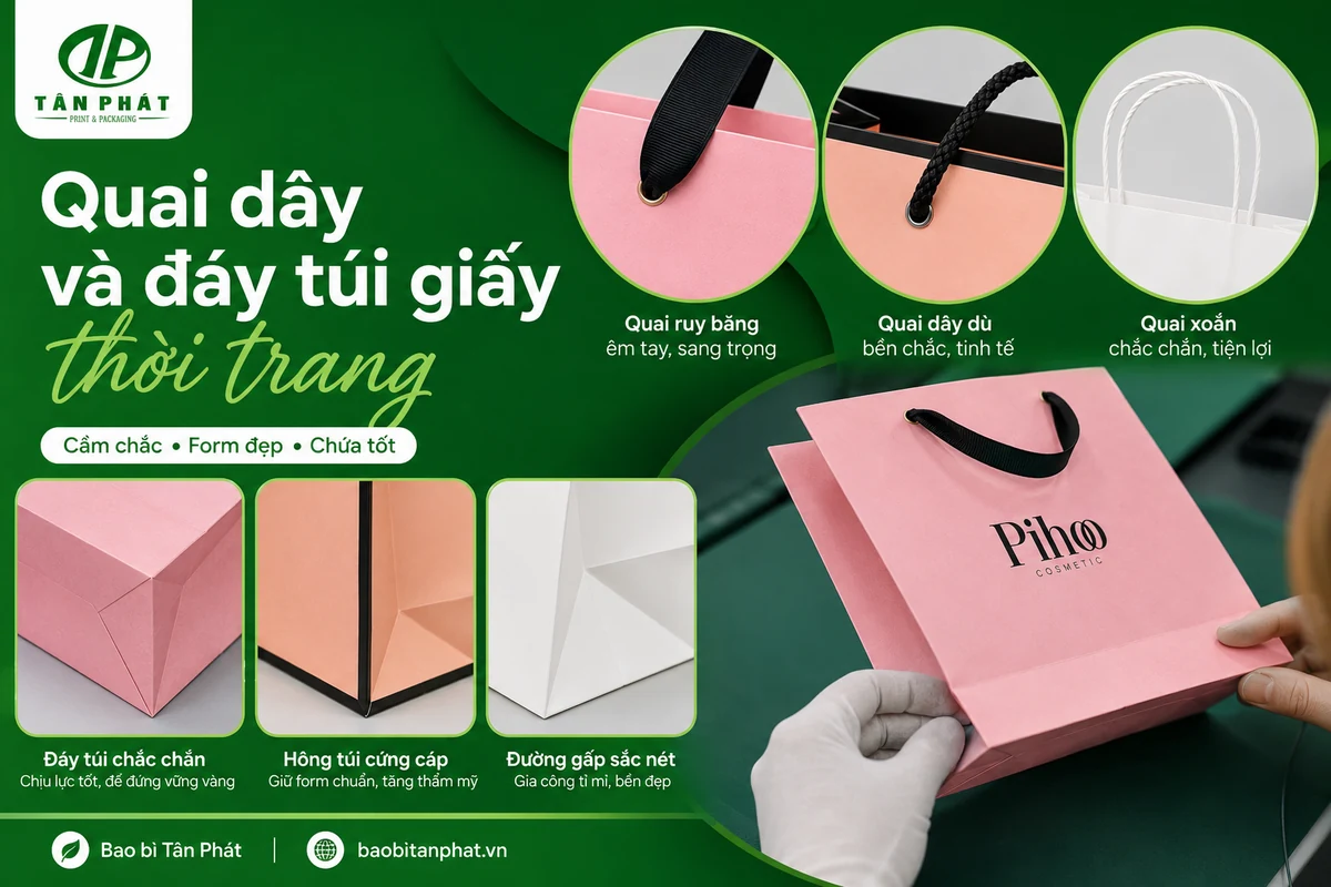 Quai dây và kết cấu đáy túi giấy shop thời trang