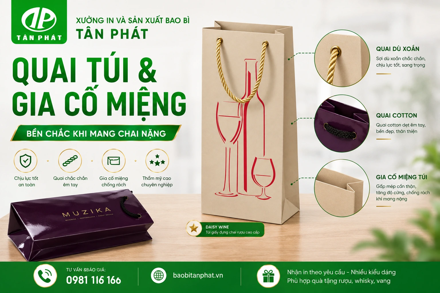 Cận cảnh quai dù, quai cotton, ruy băng và phần gia cố miệng túi đựng rượu