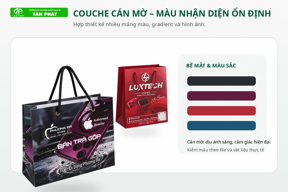 Túi giấy Couche cán mờ in màu nhận diện cho shop điện thoại