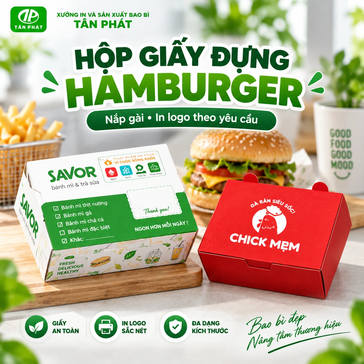 Bao bì burger Tân Phát nổi bật, phù hợp cửa hàng thức ăn nhanh