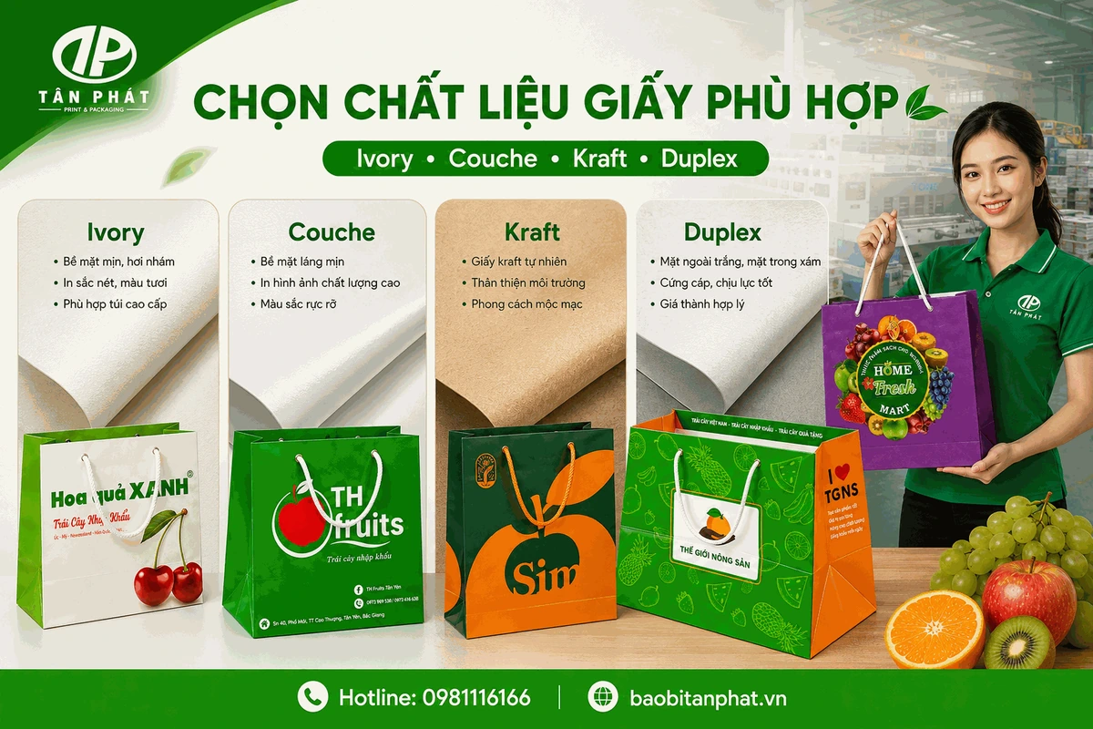 Ivory, Couche, Kraft và Duplex dùng làm túi giấy đựng trái cây