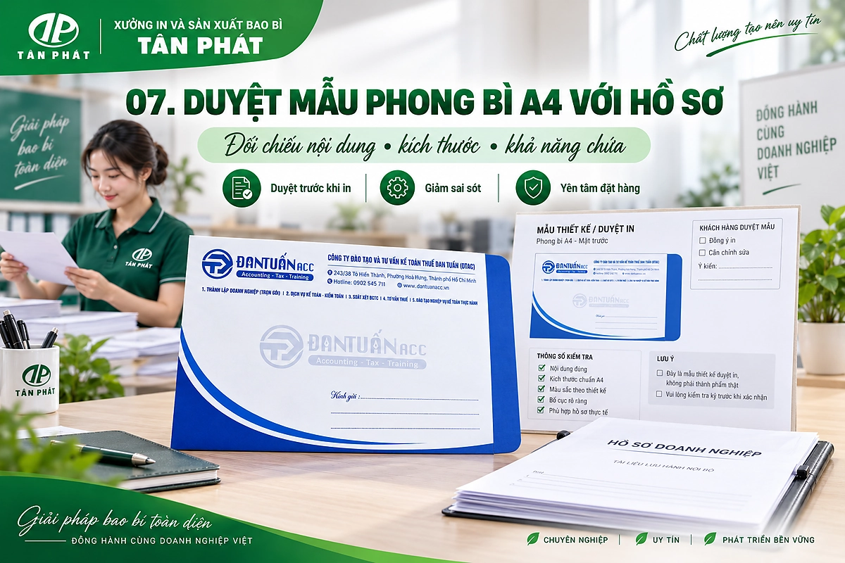 Đối chiếu mẫu phong bì A4 với bộ hồ sơ và bản thiết kế trước khi in