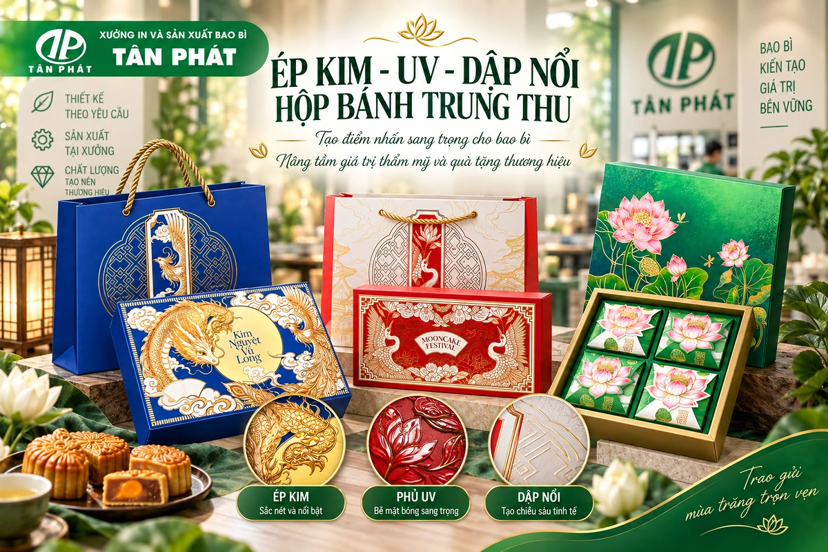 Ép kim phủ UV và dập nổi trên hộp bánh Trung thu