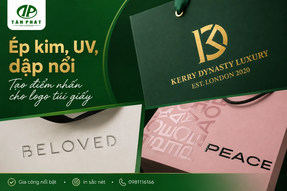 Ép kim UV dập nổi trên túi giấy thời trang in logo