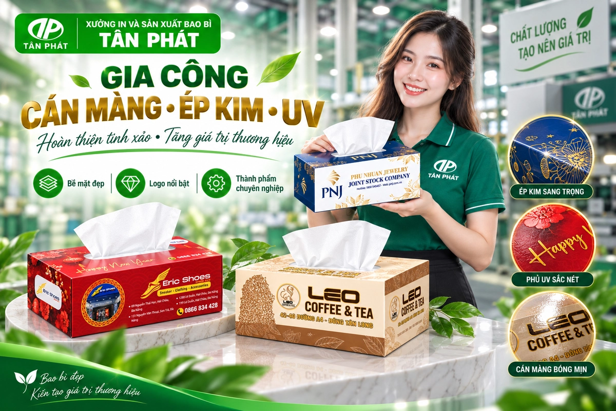Gia công cán màng ép kim và UV cho hộp khăn giấy in logo