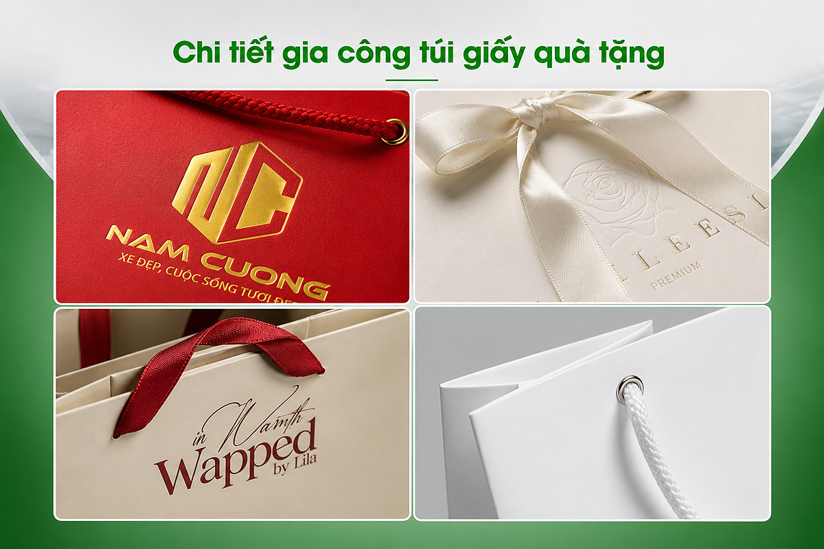 Chi tiết ép kim, dập nổi và hoàn thiện bề mặt trên túi giấy quà tặng