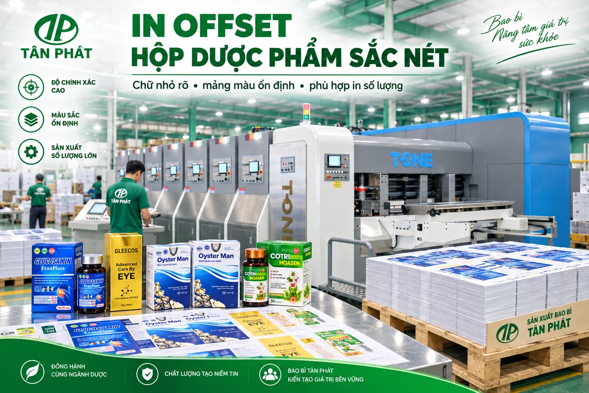 In offset hộp dược phẩm với chữ và mảng màu sắc nét