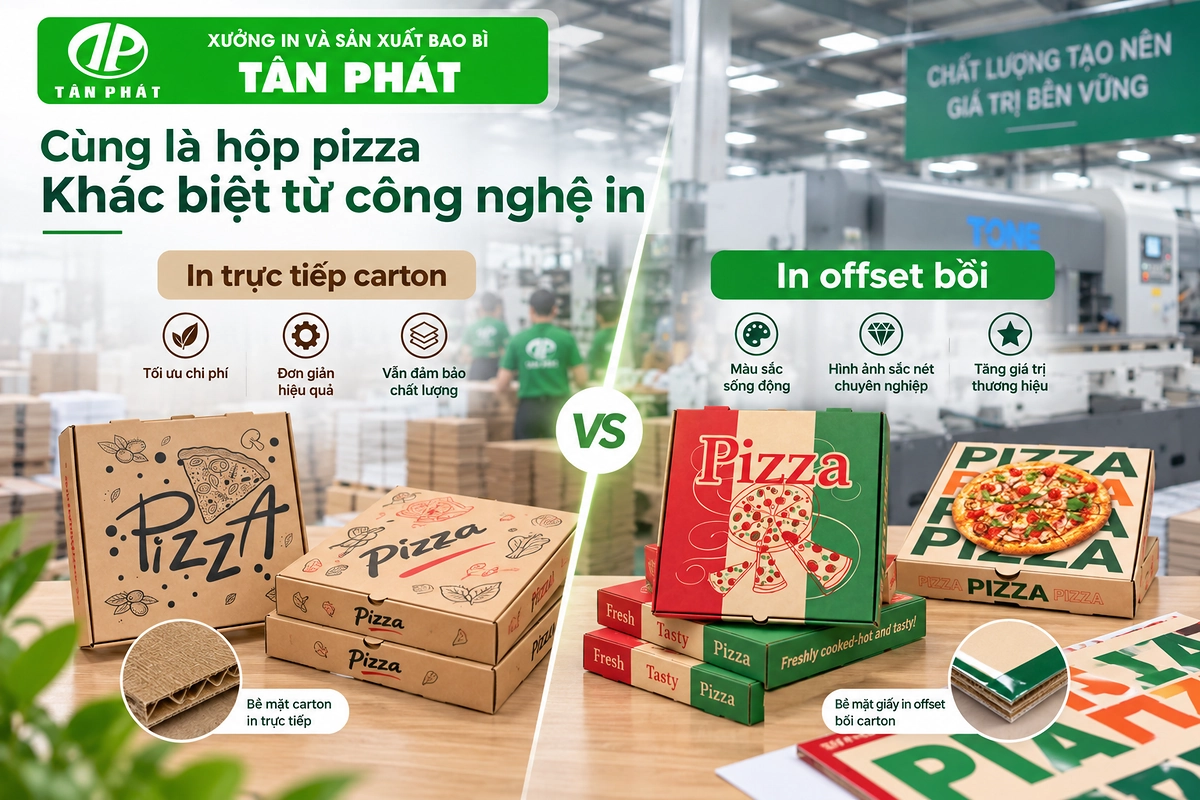 So sánh in trực tiếp carton và in offset bồi hộp pizza