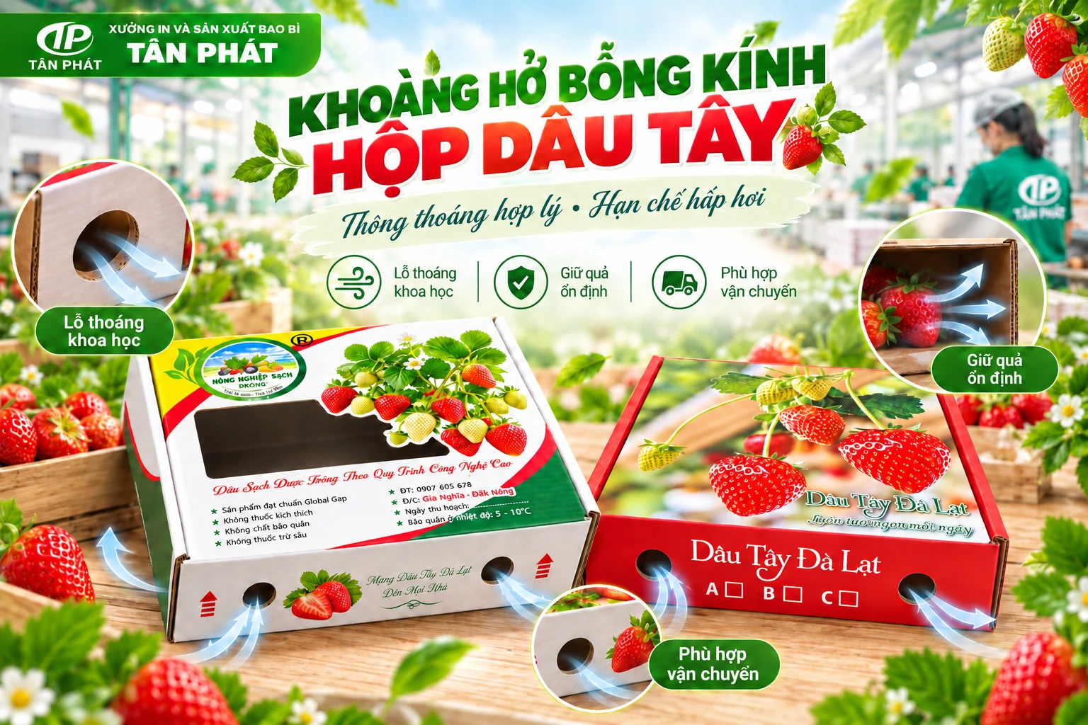 Khoảng hở khay và lỗ thoáng trên hộp giấy đựng dâu tây