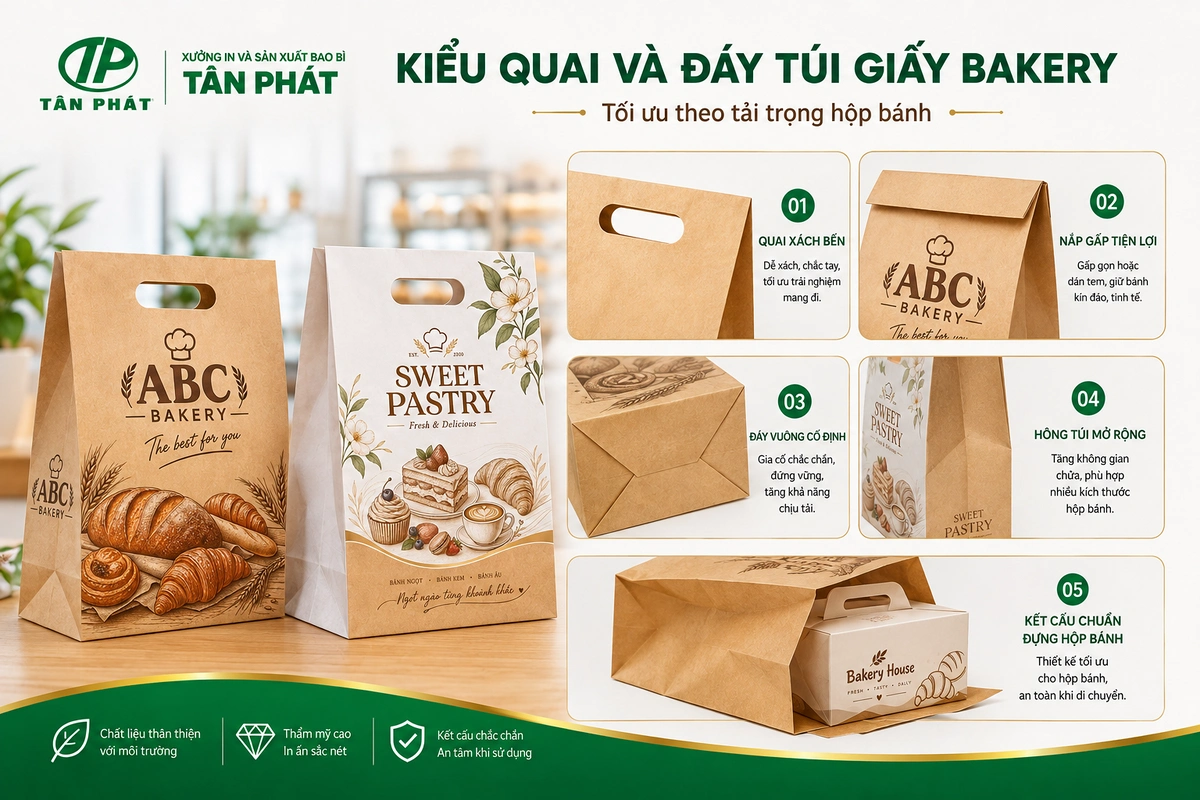 Kiểu quai và đáy túi giấy bakery theo tải trọng hộp bánh