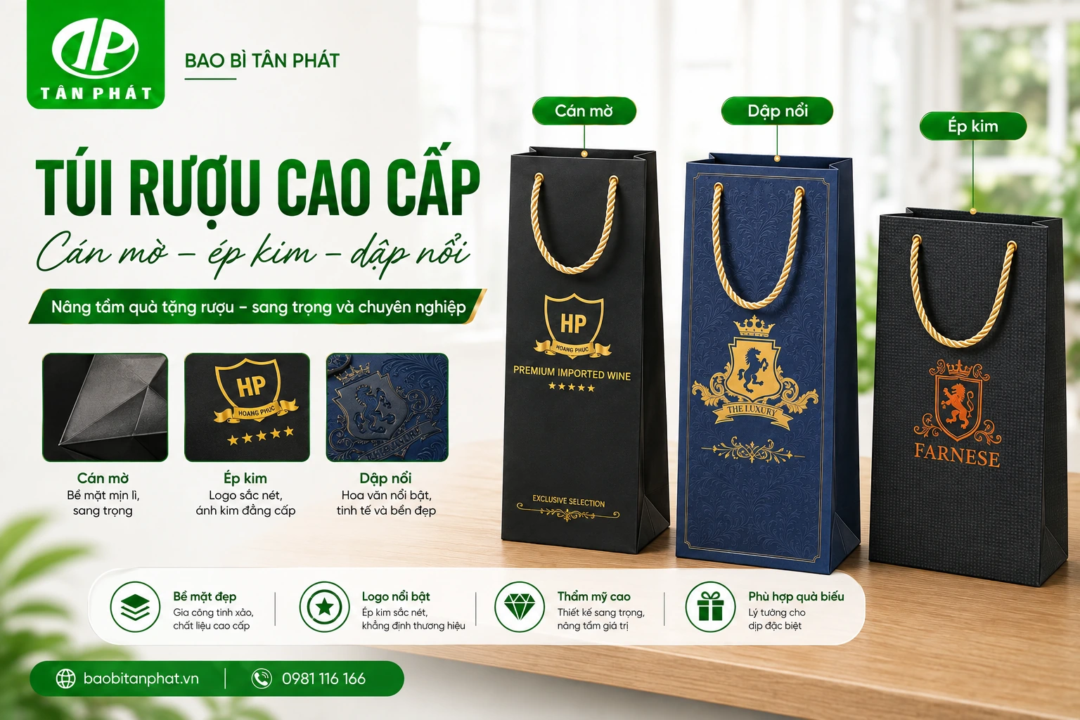 Túi đựng rượu cán mờ, ép kim logo và dập nổi theo phong cách cao cấp