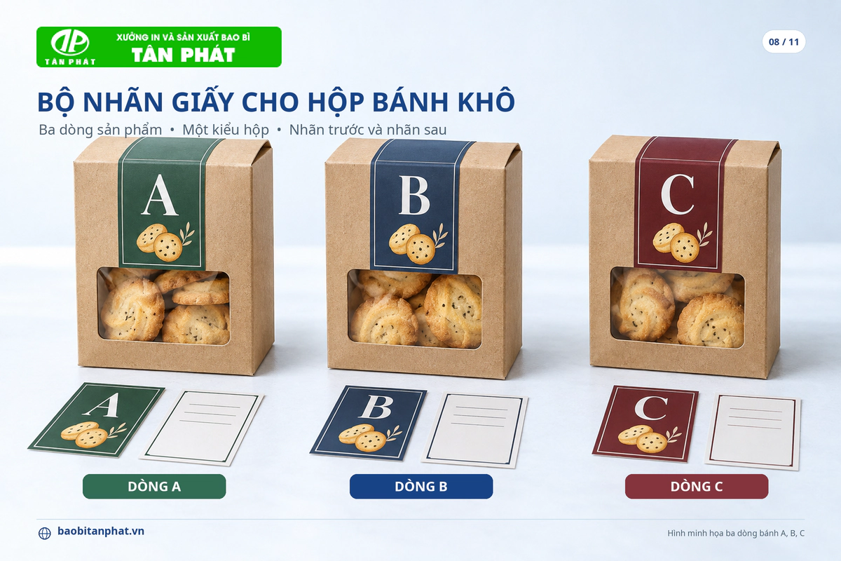 Minh họa nhãn trước và nhãn sau cho ba dòng bánh khô dùng cùng kiểu hộp