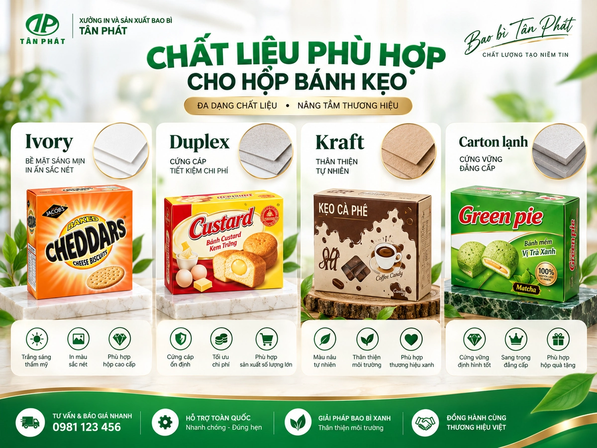 So sánh giấy Ivory, Duplex, Kraft và carton lạnh làm hộp bánh kẹo