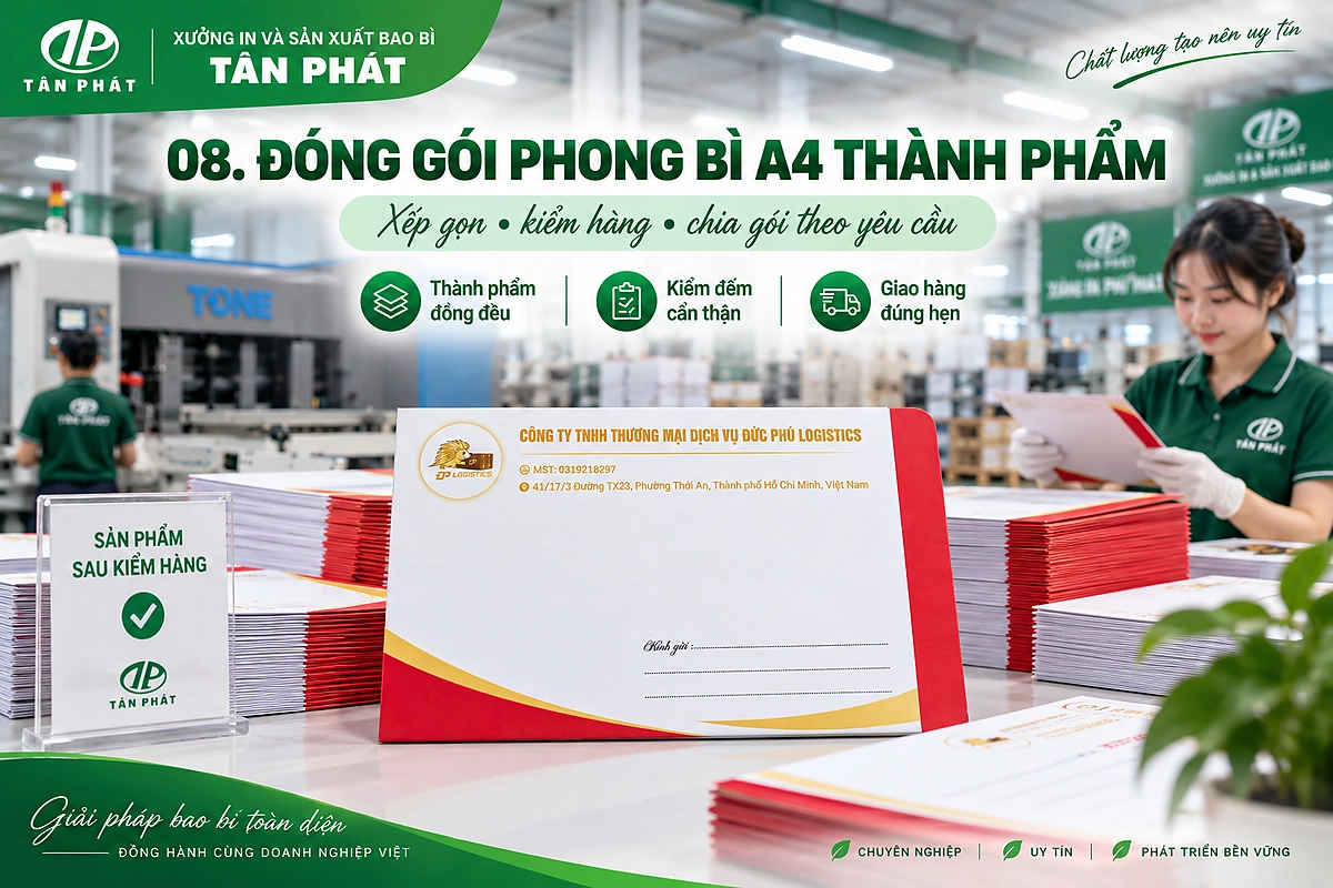 Phong bì A4 thành phẩm được xếp gọn và chia gói tại khu vực kiểm hàng
