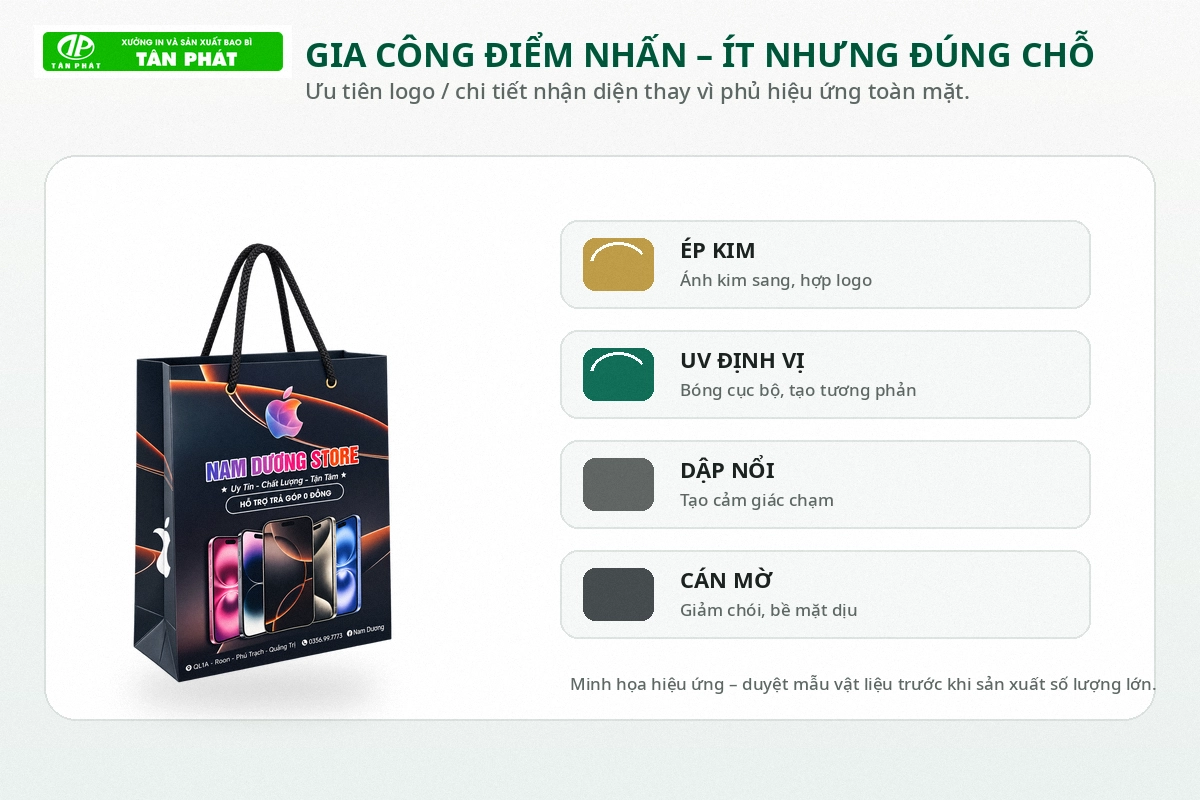 Gia công ép kim và phủ UV logo trên túi giấy điện thoại