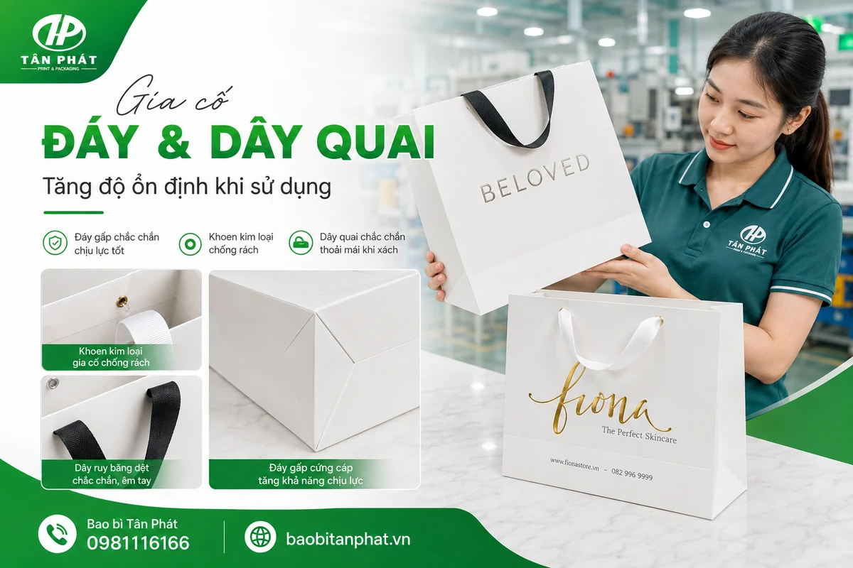 Chi tiết gia cố đáy và quai túi giấy mỹ phẩm để tăng độ ổn định