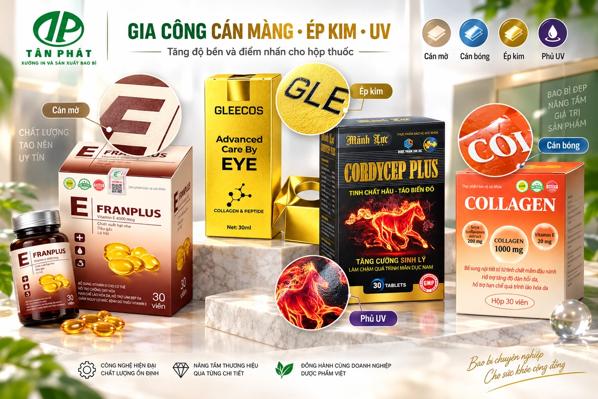 Gia công cán màng ép kim và UV cho hộp giấy dược phẩm
