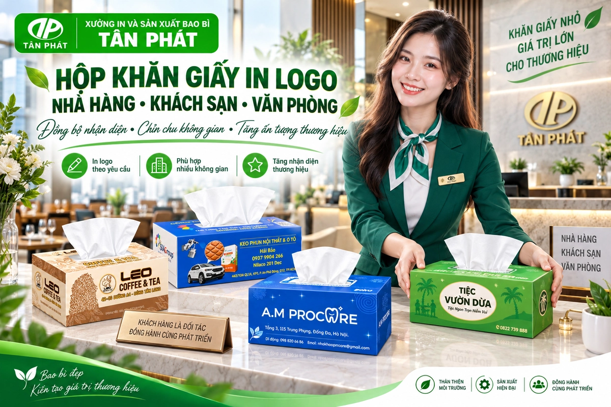 Hộp khăn giấy in logo cho nhà hàng khách sạn và văn phòng