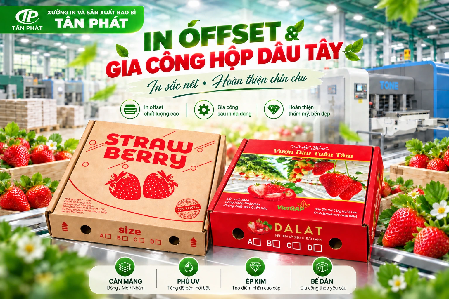 In offset cán màng ép kim UV cho hộp dâu tây
