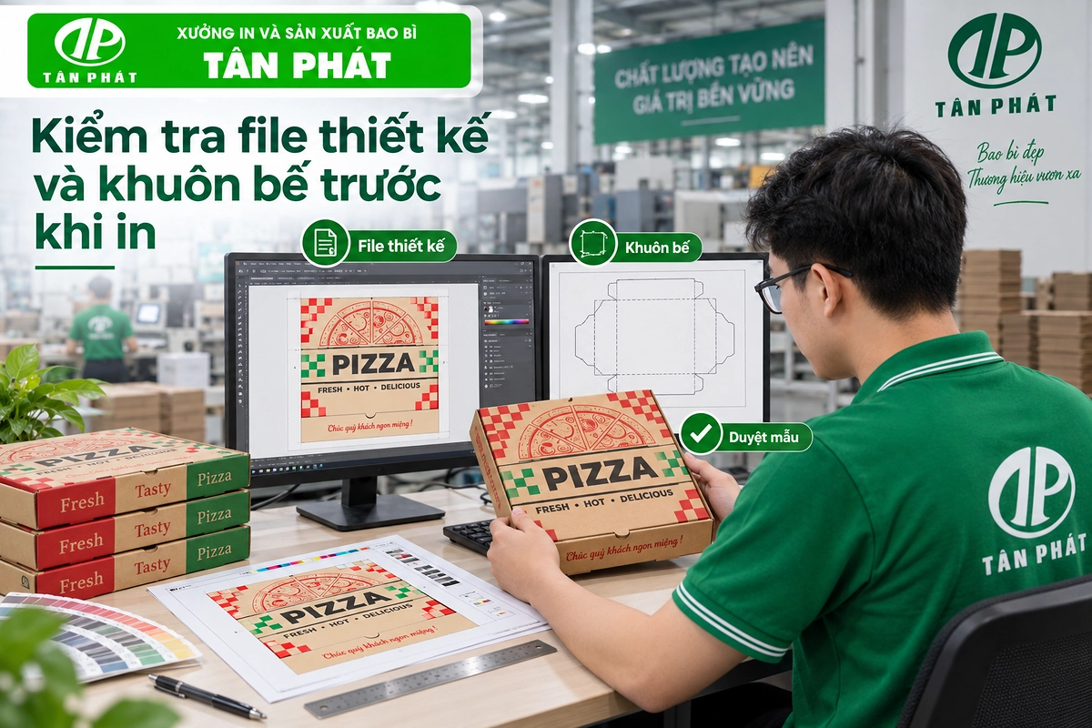 Kiểm tra file thiết kế và khuôn bế trước khi in hộp pizza