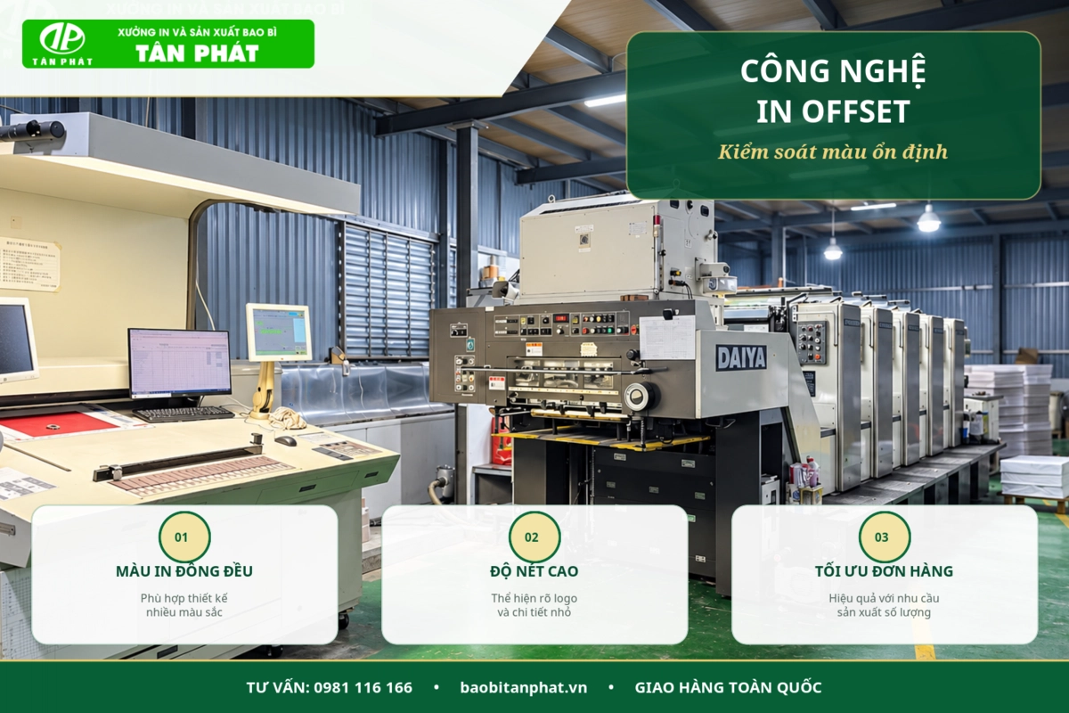 Máy in offset tại xưởng sản xuất hộp giấy thực phẩm
