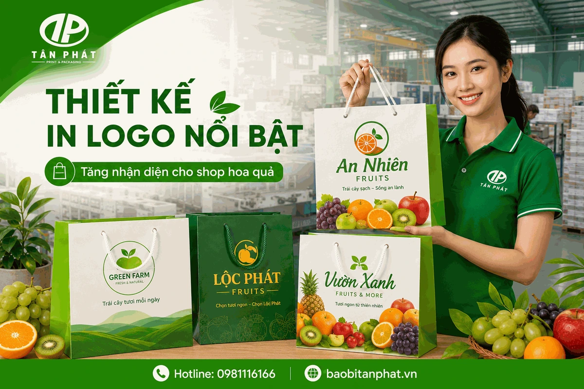 Thiết kế in logo thương hiệu trên túi giấy shop hoa quả