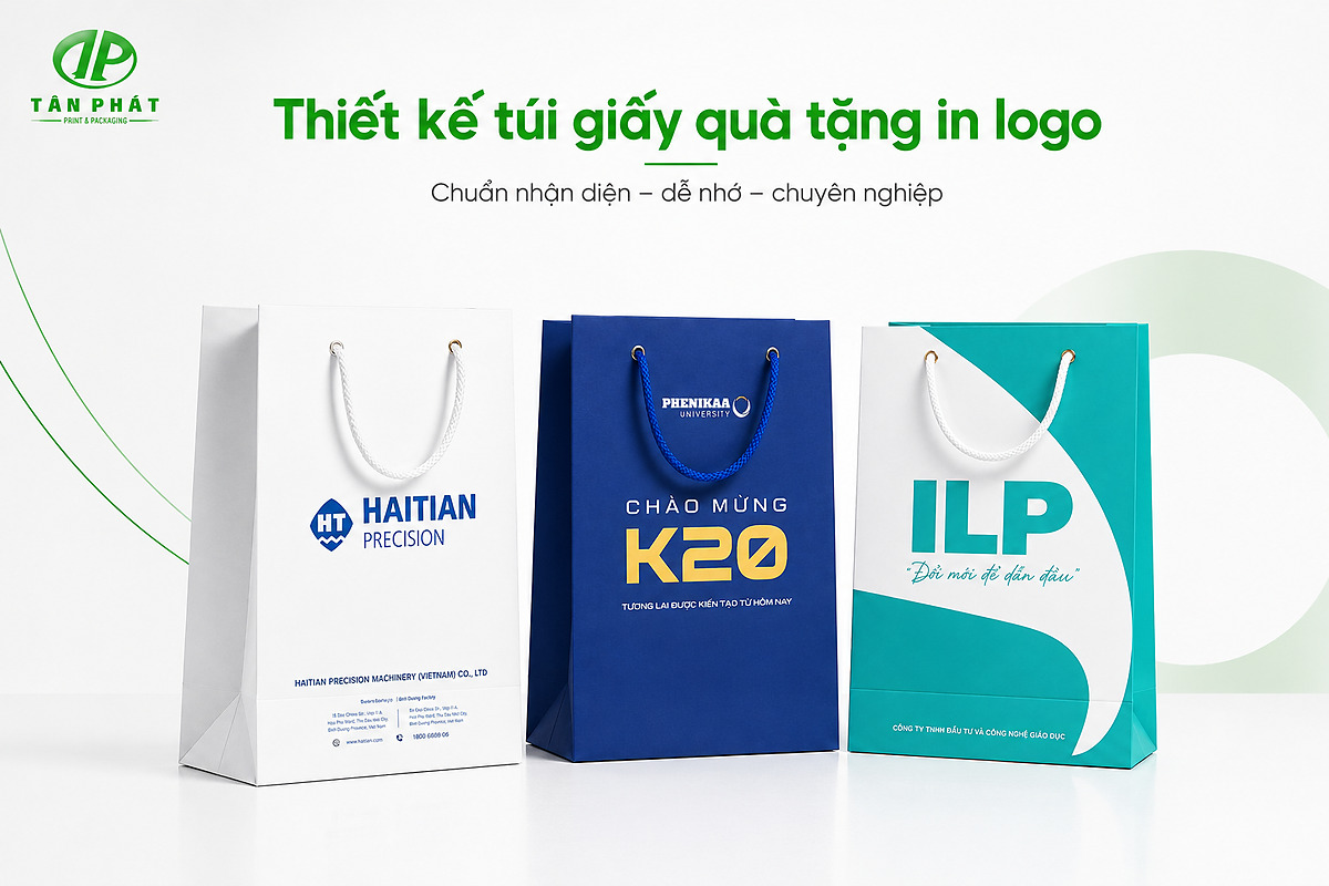 Thiết kế túi giấy quà tặng in logo với khoảng trắng và màu nhận diện rõ ràng