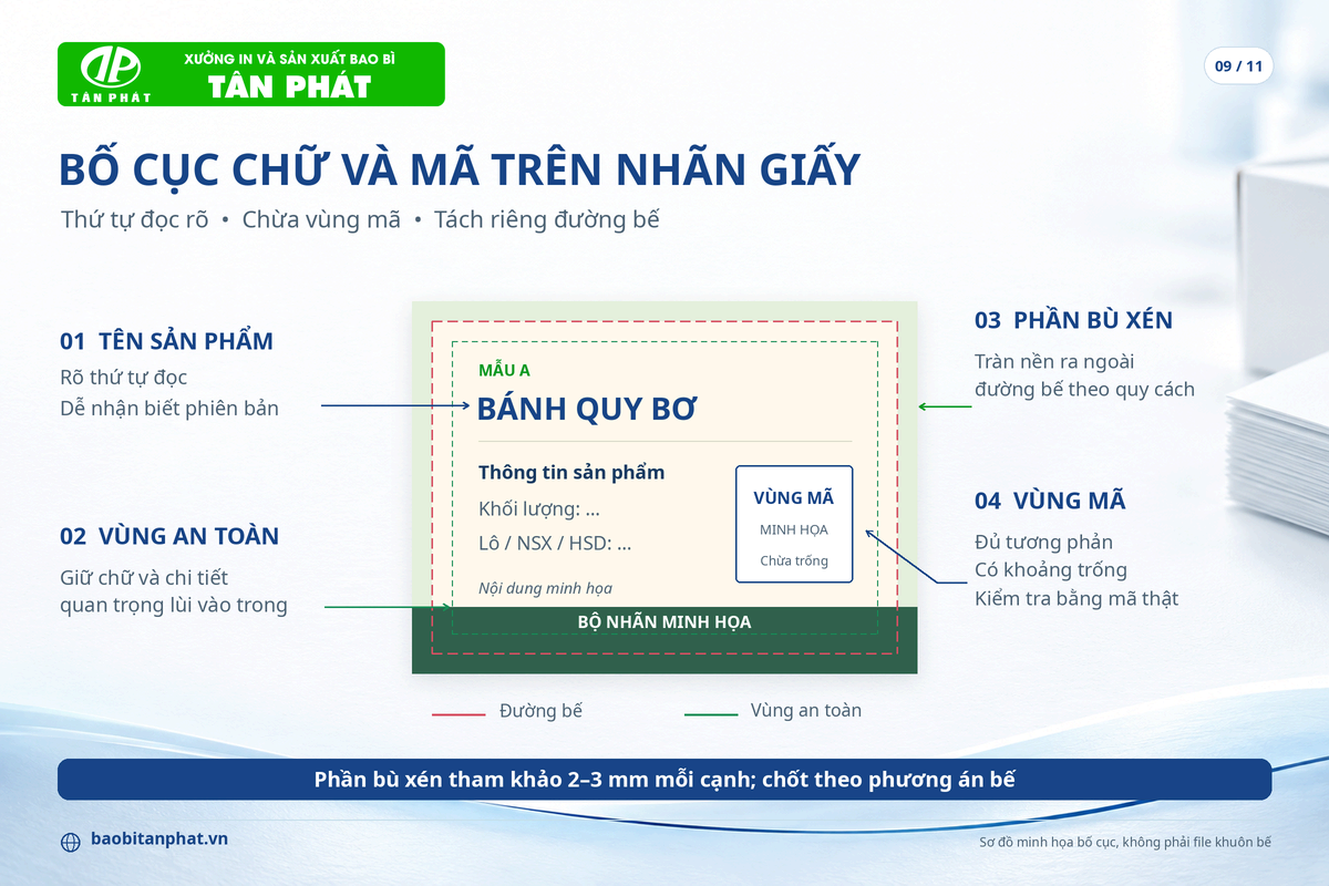 Bố cục chữ vùng mã và khoảng chừa đường bế trên một mẫu nhãn giấy