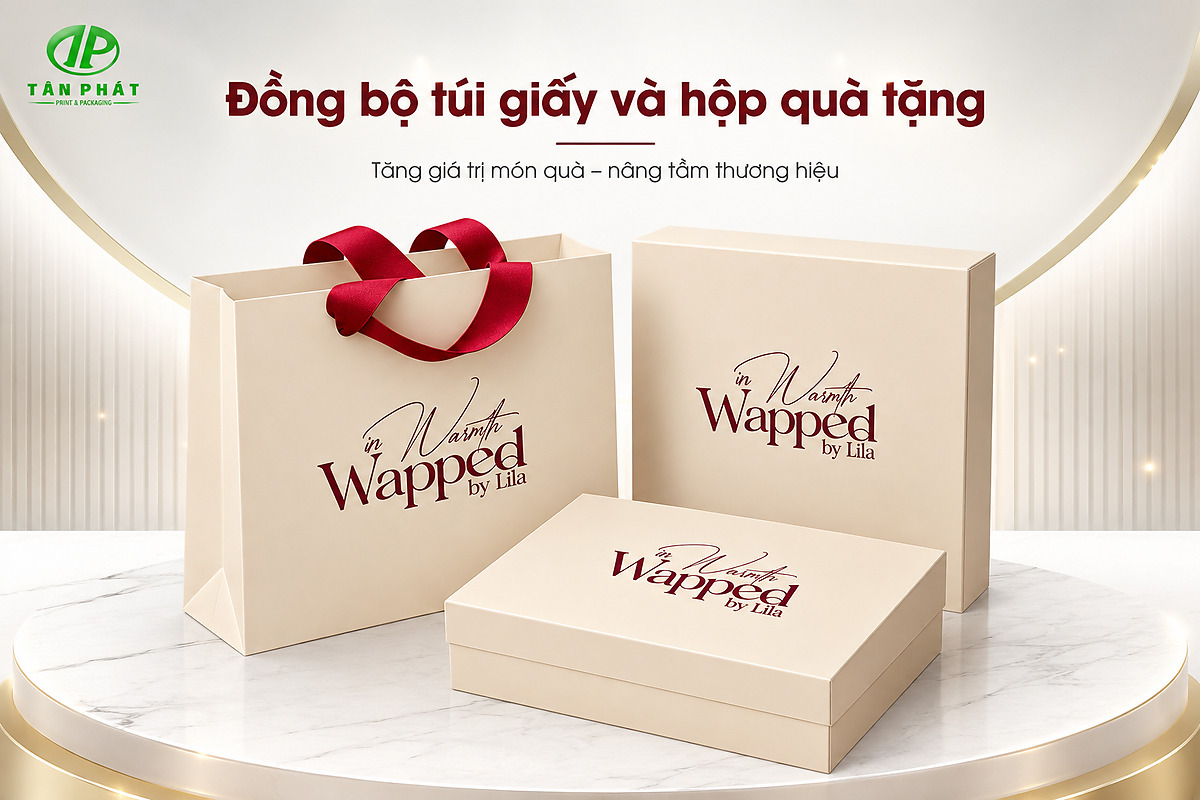 Bộ túi giấy và hộp quà tặng đồng bộ màu sắc và nhận diện thương hiệu