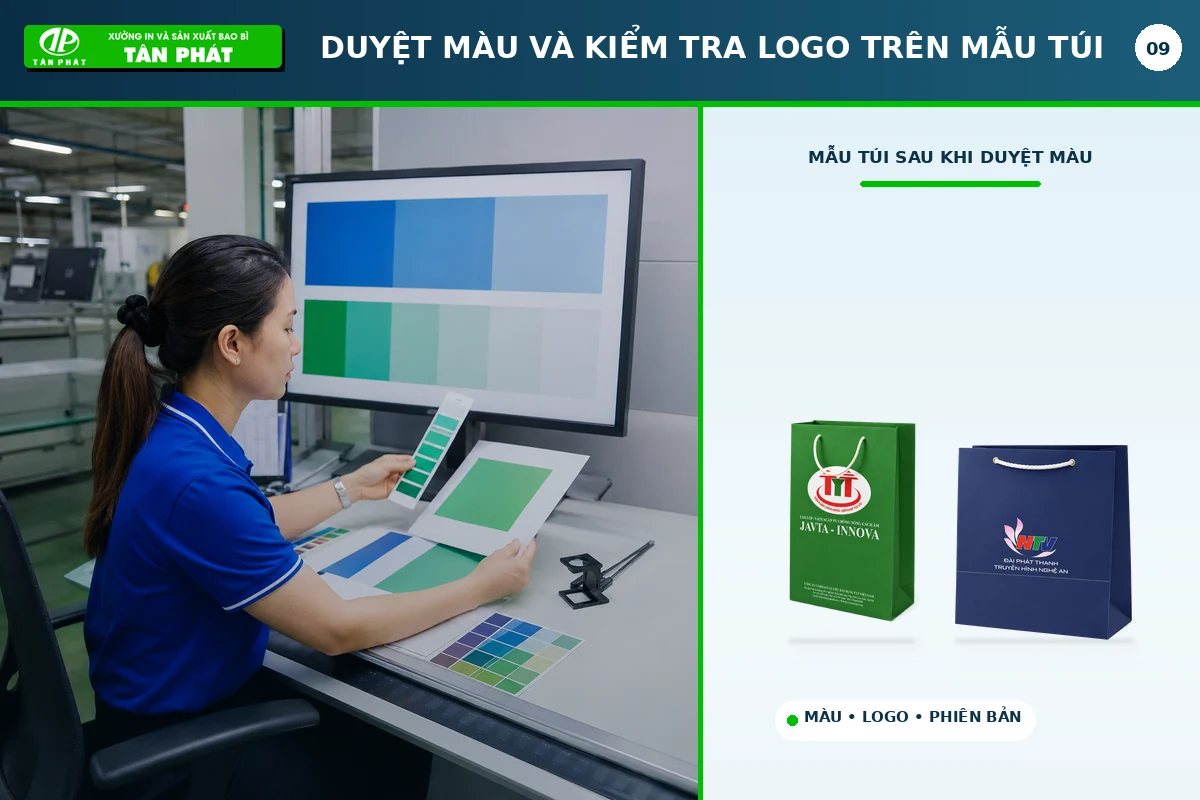 Duyệt màu và kiểm tra logo trên mẫu túi giấy doanh nghiệp