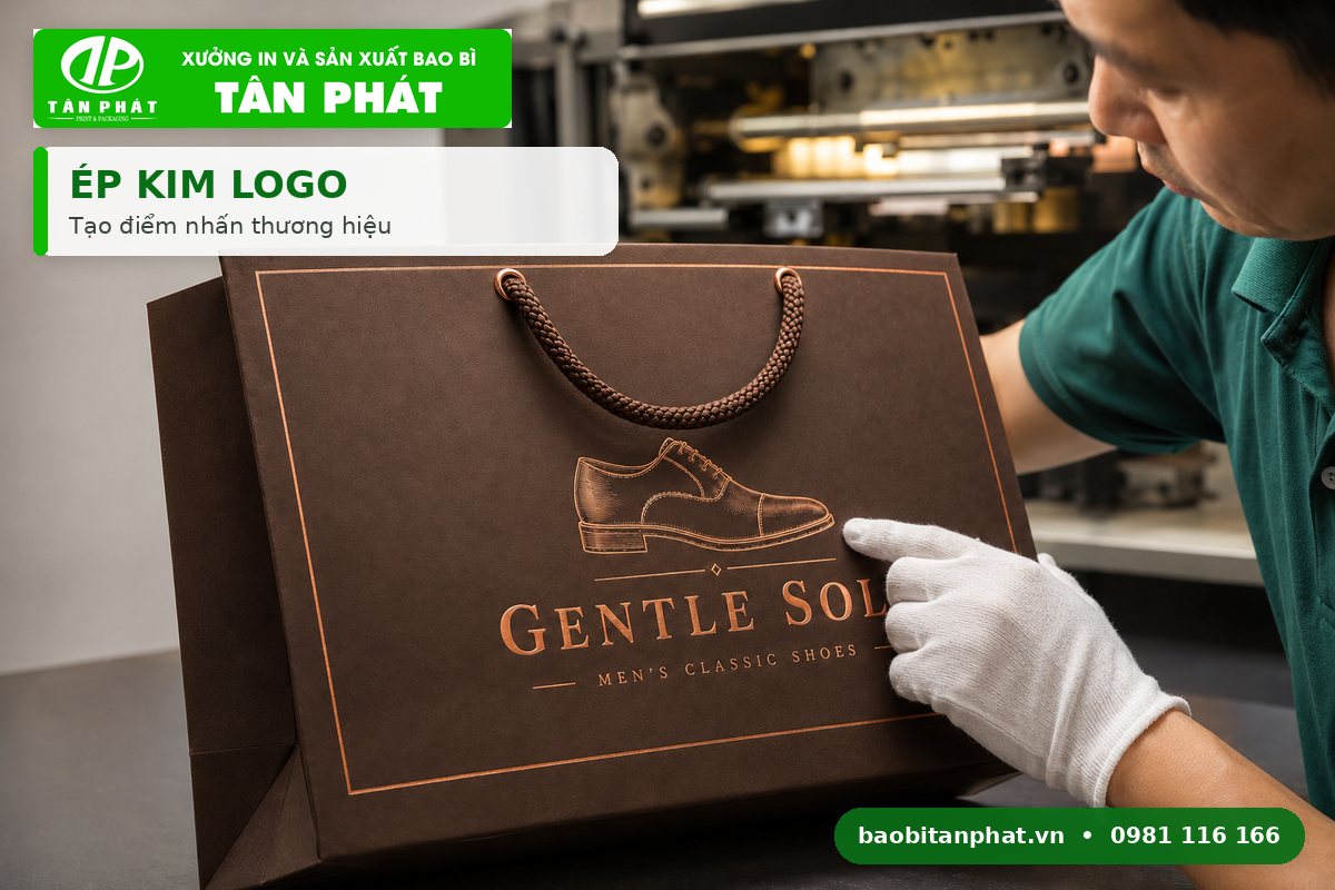 Ép kim logo trên túi giấy shop giày