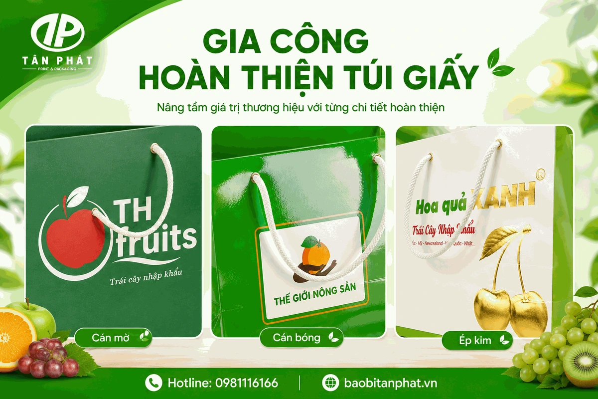 Gia công cán màng và ép kim cho túi giấy hoa quả