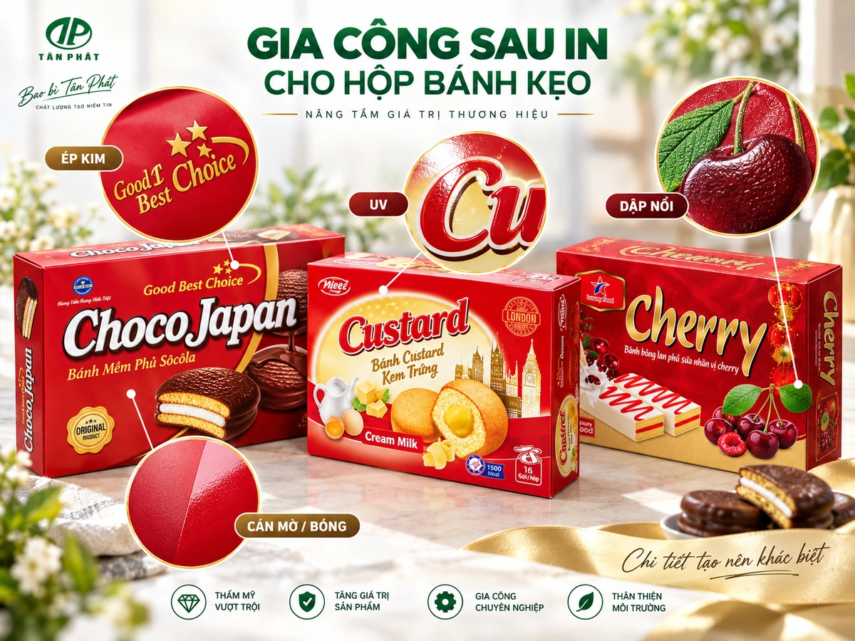 Chi tiết ép kim, phủ UV và hoàn thiện bề mặt hộp bánh kẹo