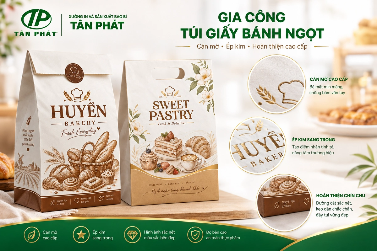 Gia công ép kim cán mờ cho túi giấy bánh ngọt