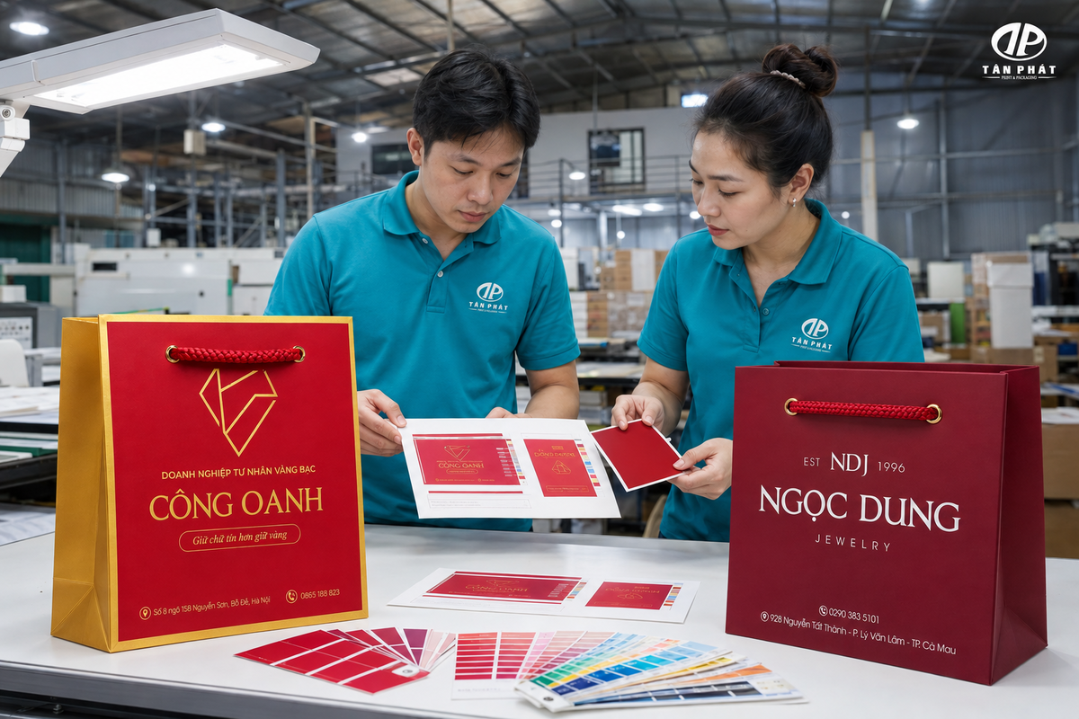 Kiểm màu in và duyệt mẫu túi giấy đựng trang sức