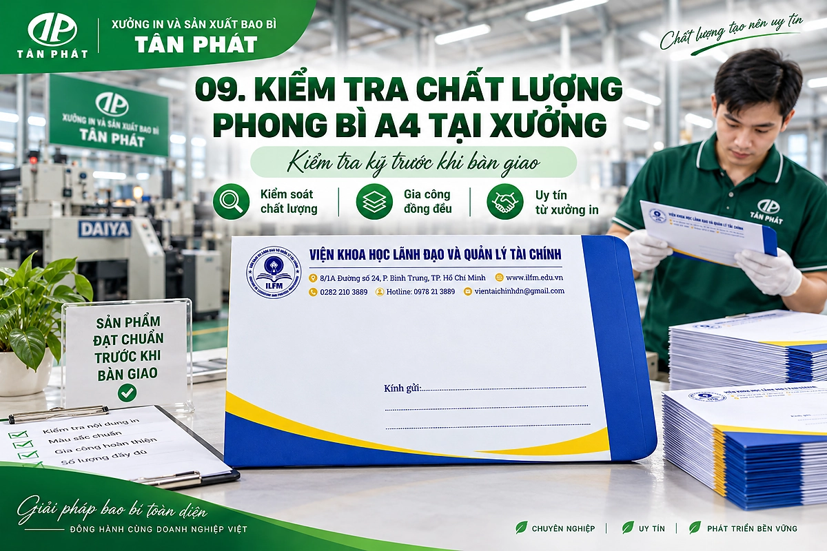 Minh họa kiểm tra chất lượng phong bì A4 tại xưởng Tân Phát trước khi bàn giao