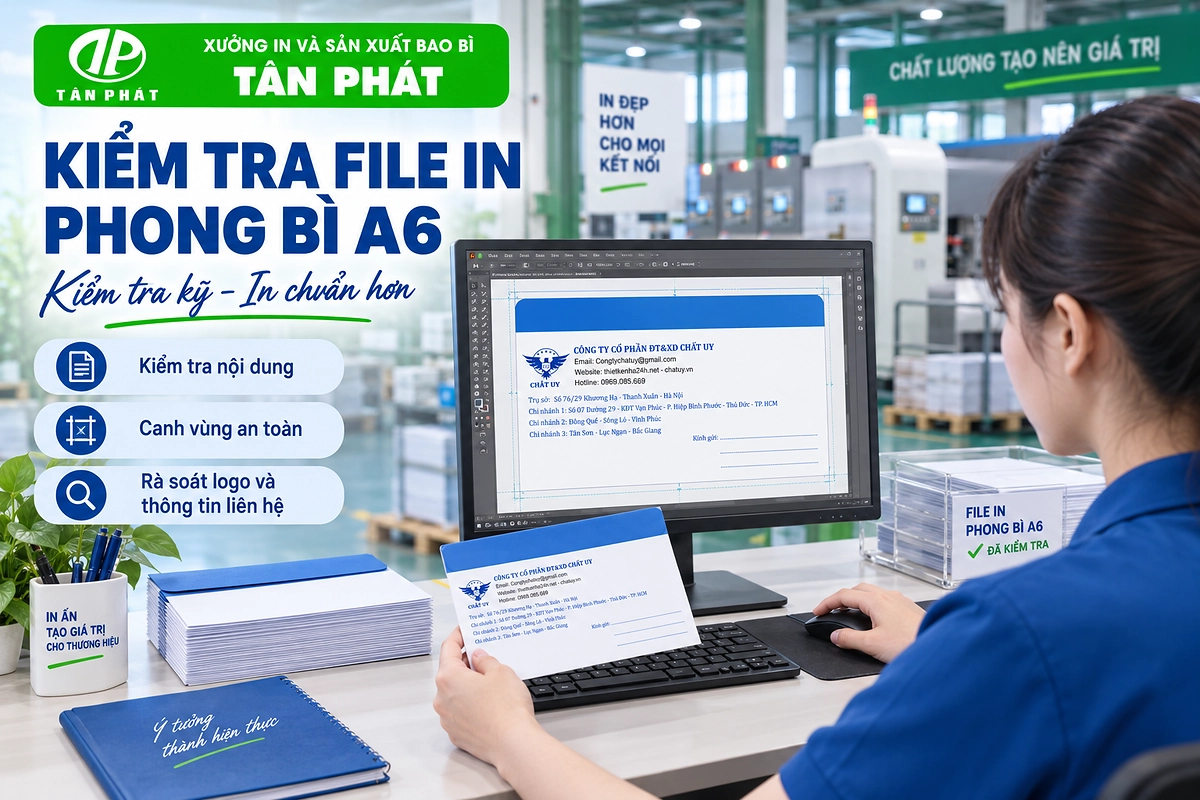 Kiểm tra file thiết kế, vùng gấp và vùng dán trước khi in phong bì A6