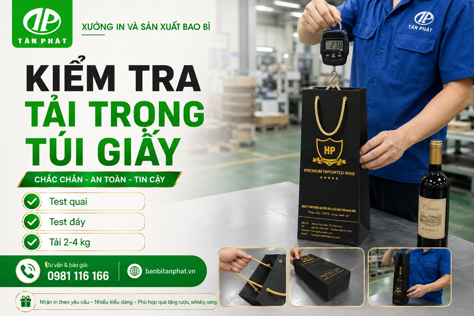 Kiểm tra tải trọng thực tế của túi giấy đựng rượu trước khi sản xuất hàng loạt