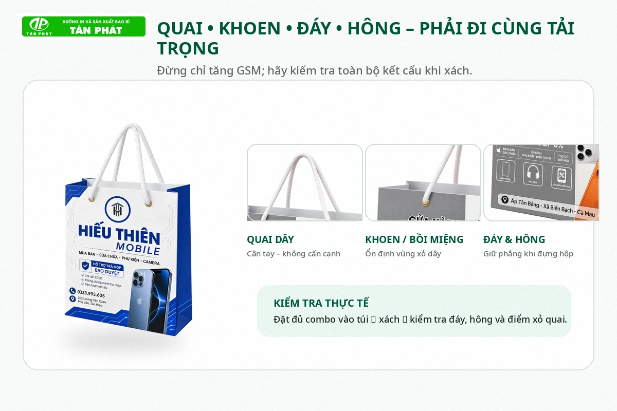 Quai dây và gia cố đáy túi giấy đựng điện thoại chắc chắn