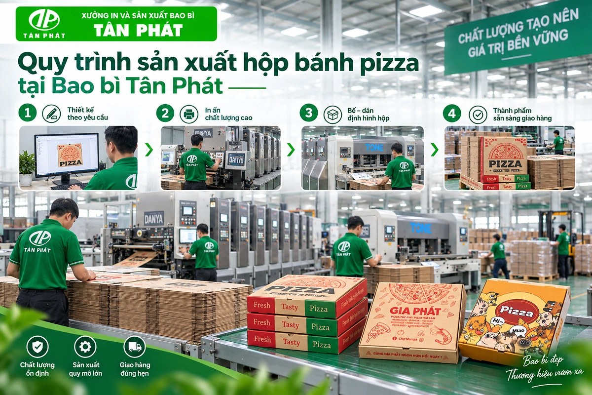 Quy trình sản xuất hộp bánh pizza tại Bao bì Tân Phát