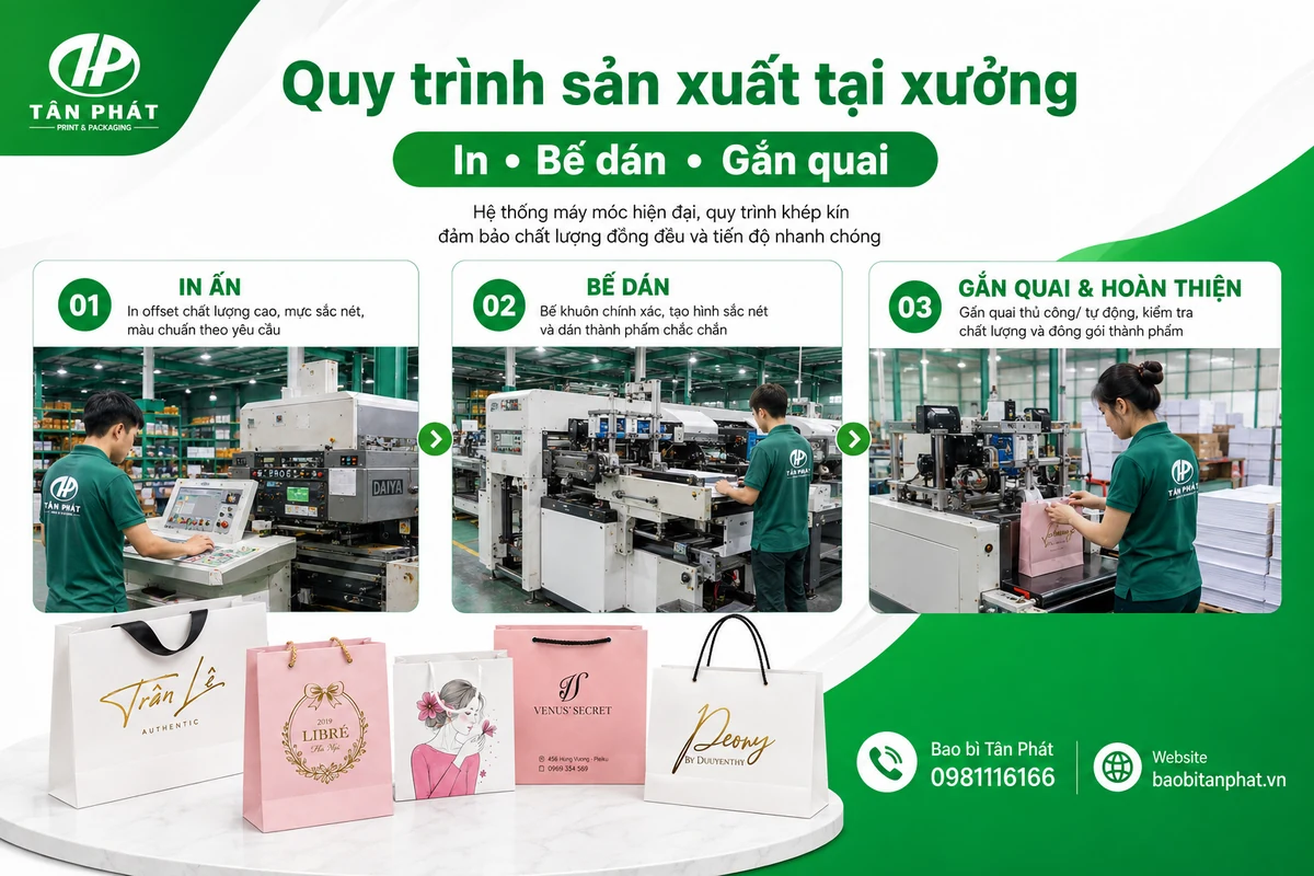 Quy trình in bế dán và gắn quai túi giấy mỹ phẩm tại xưởng