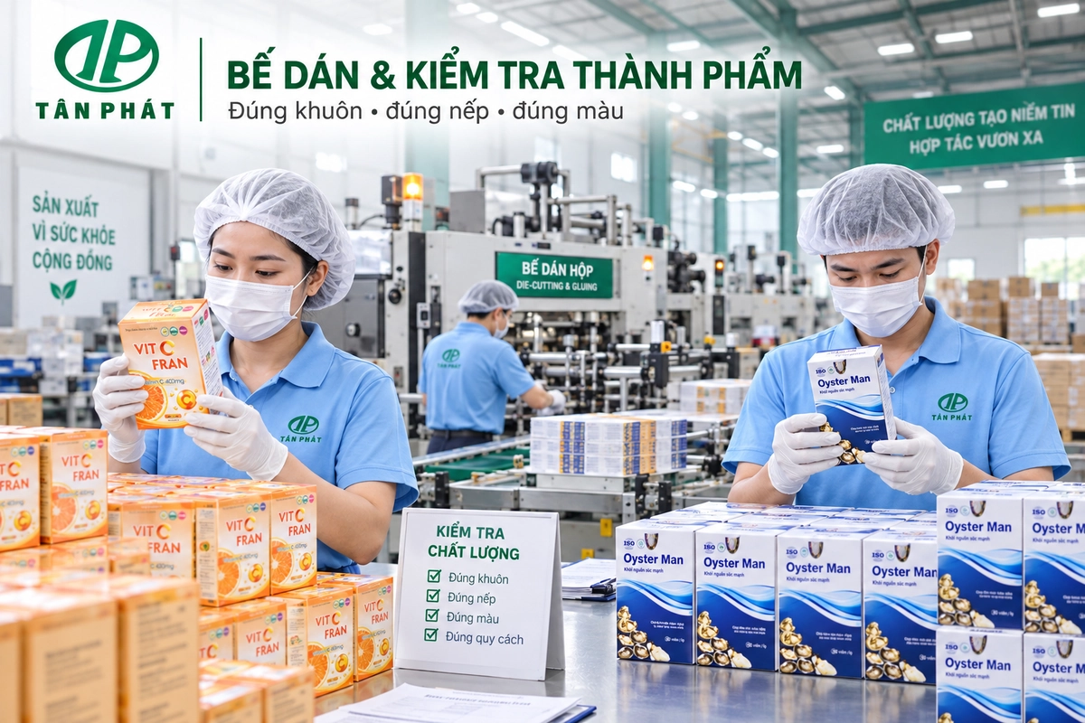 Bế dán và kiểm tra thành phẩm hộp dược phẩm tại xưởng