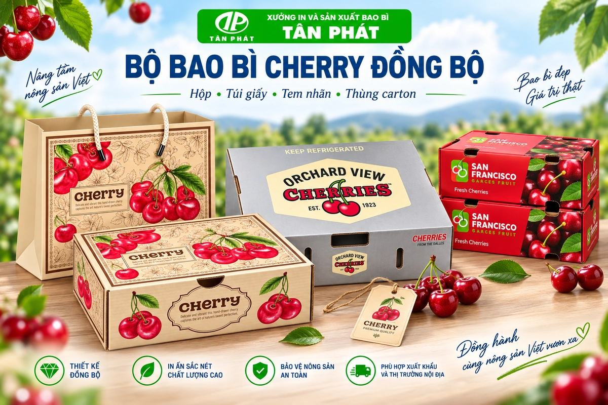Bộ bao bì cherry gồm hộp túi giấy tem nhãn và thùng carton