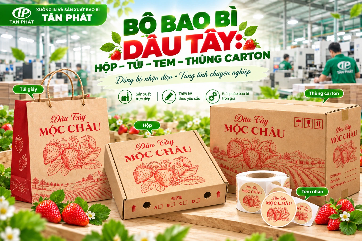 Bộ bao bì dâu tây gồm hộp túi giấy tem nhãn và thùng carton